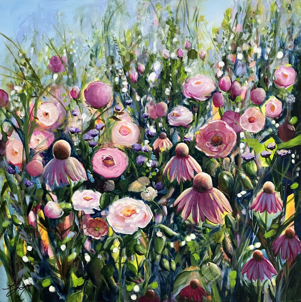 Botanical Acrylic Painting By Sandra Gebhardt-Hoepfner, 24 X 24", Summer In Bloom 2, Original Artwork