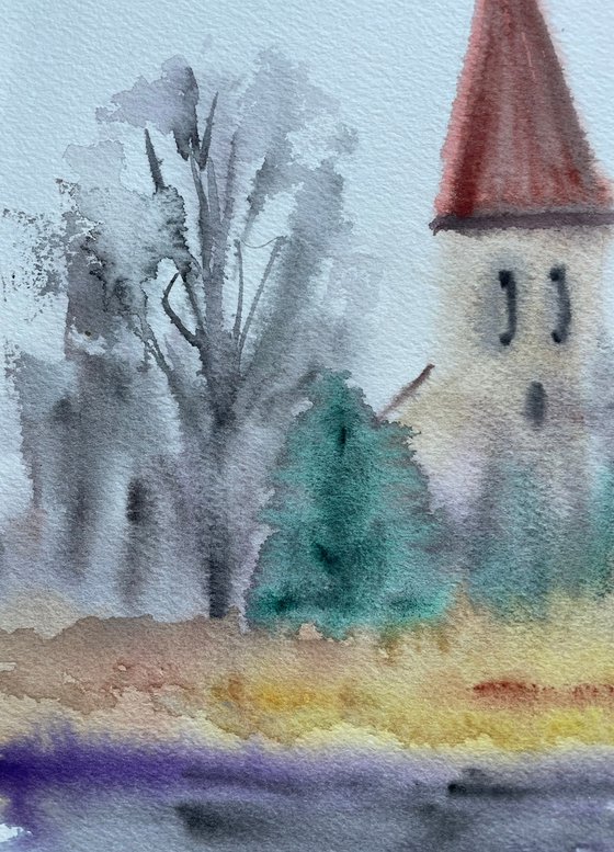 Fall Watercolor Painting, Church in Forest Original Art, Rainy Wall Art, Slovak Artwork