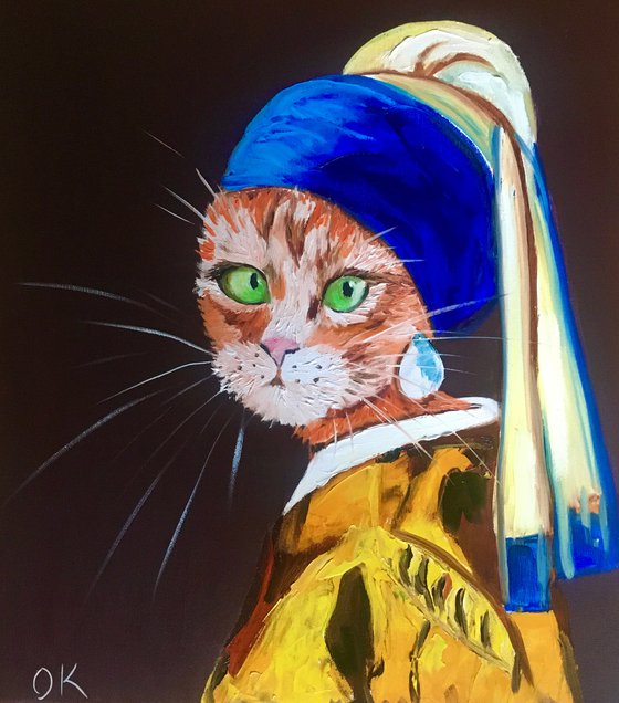 Cat with the pearl earring inspired by Vermeer painting feline art for cat lovers gift idea