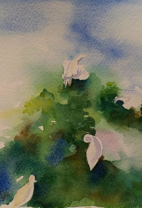 Egrets, impressionistic watercolor, small painting, SOLD by Geeta Yerra