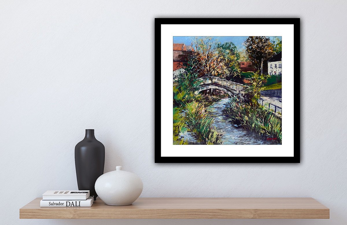 Impressionistic Landscape Pastel Drawing By Andrew Moodie, 16 X 16, Packhorse Bridge Stokesley, Original Artwork