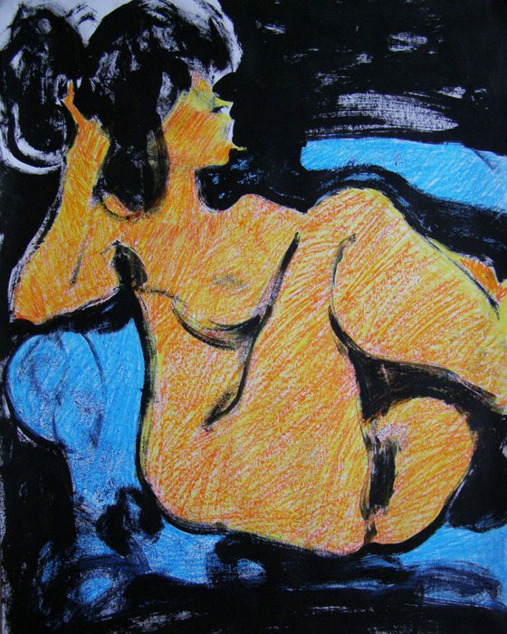 Sitting nude figure on blue.