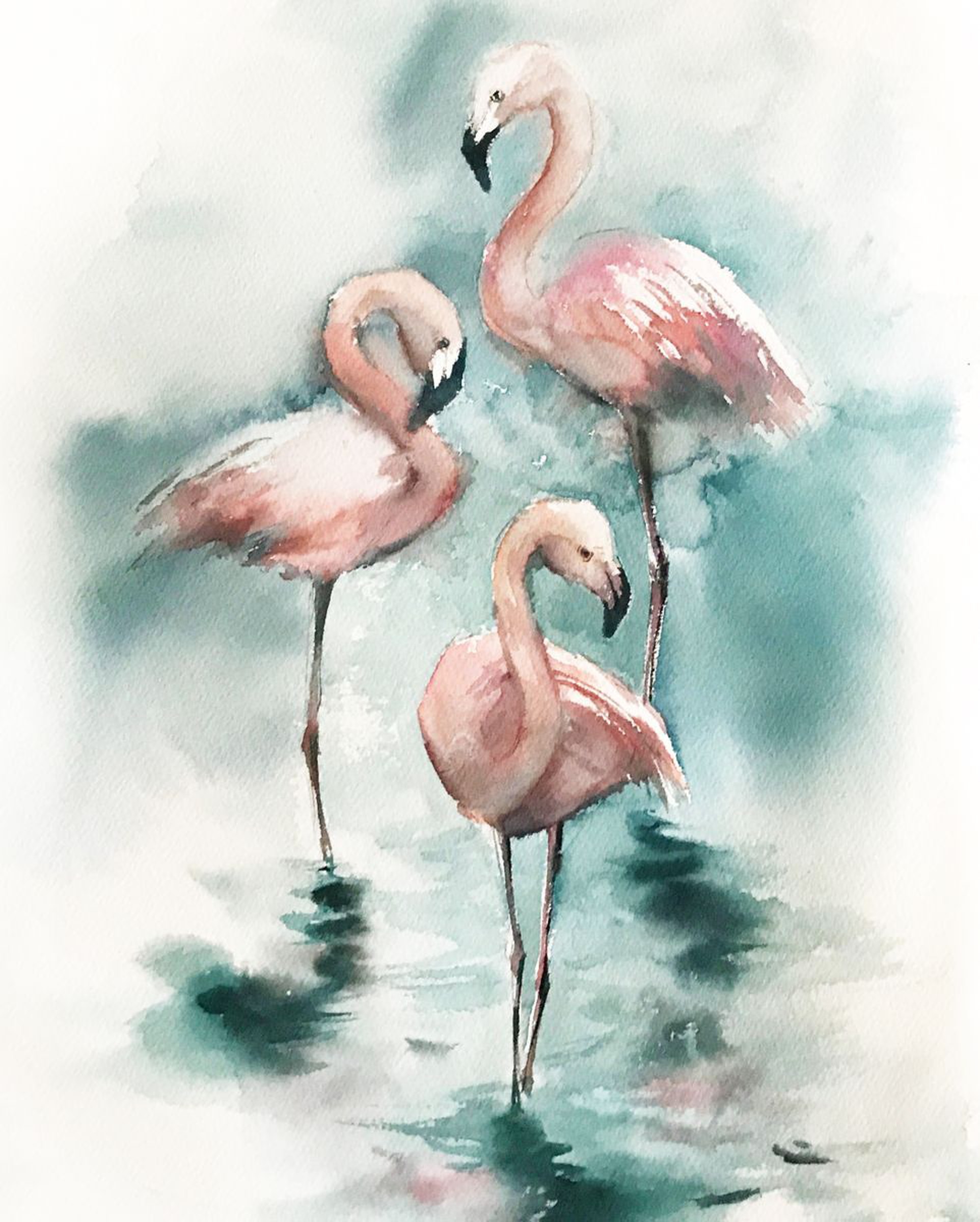 Pink Flamingos In Emerald Water Original Waterco Artfinder