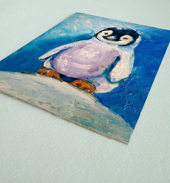 Penguin Painting Original Art Cute Bird Artwork Snow Wall Art