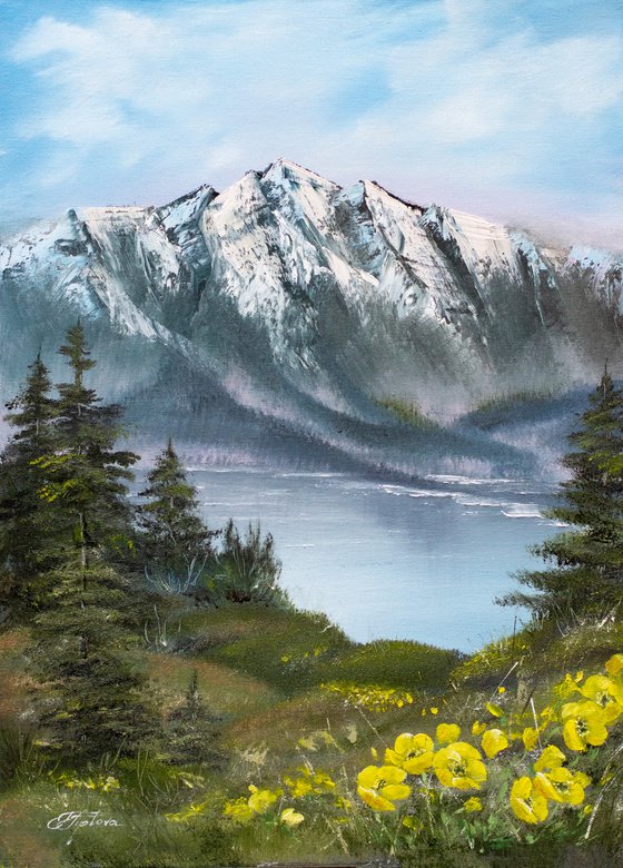 "Lake in the Mountains" original oil painting on canvas. Mountains lake. Nature. Flowers. Spring Trees. Spring