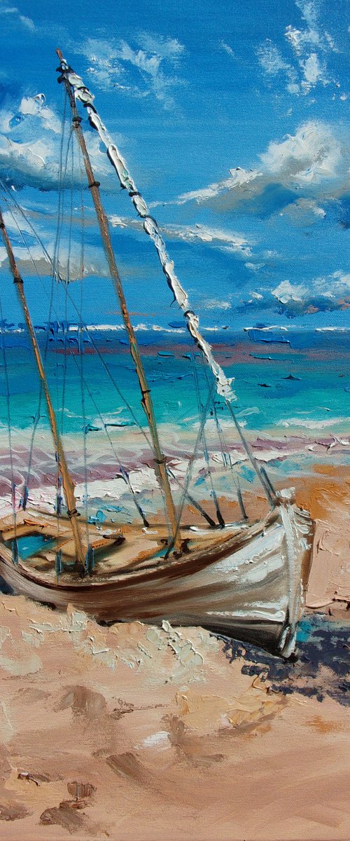 " LONELY III ... " SHIP BOAT SAIL original painting palette knife GIFT MODERN URBAN ART OFFICE ART DECOR HOME DECOR GIFT IDEA by Monika Luniak
