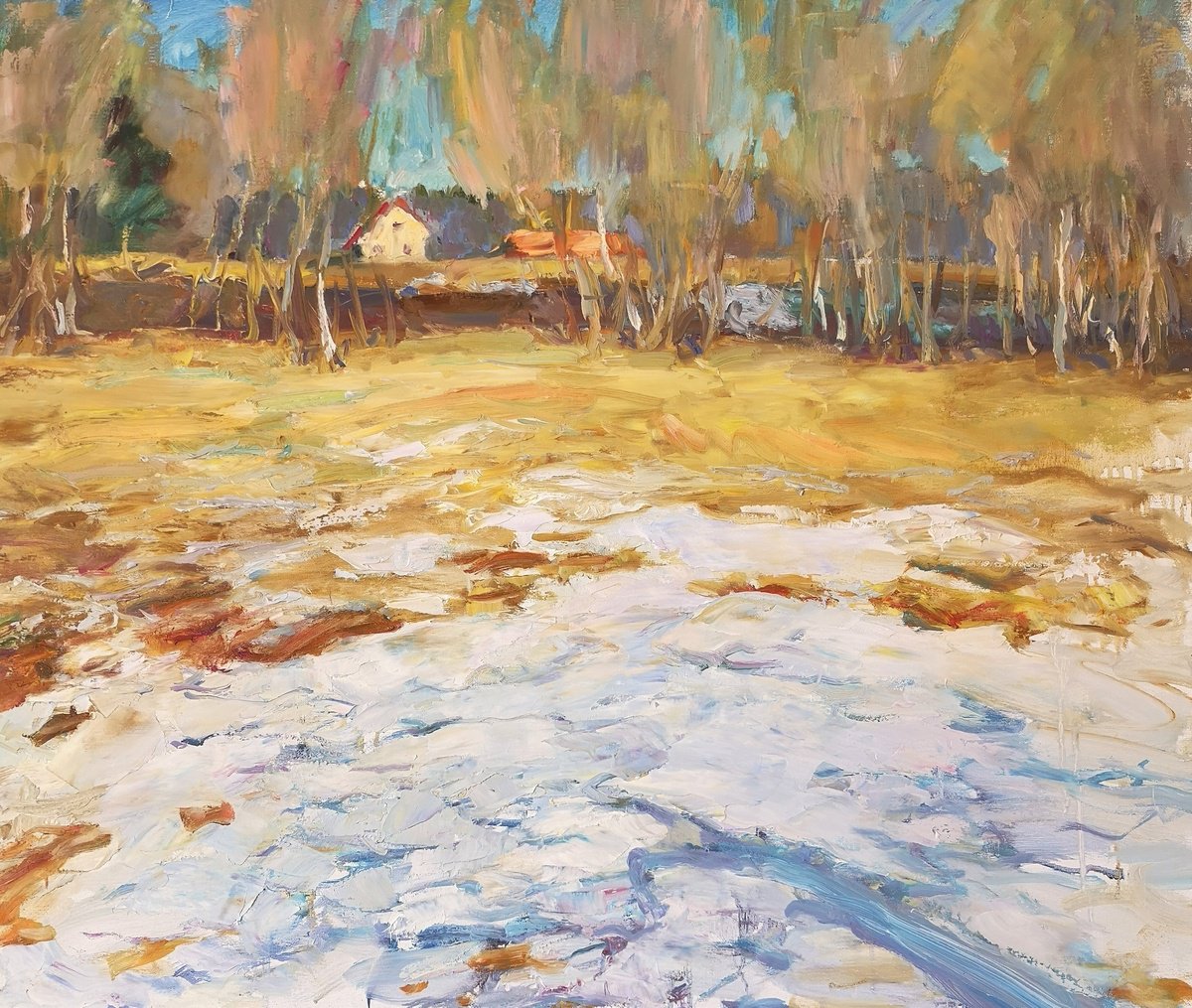 Impressionistic Landscape Oil Painting By Olga Samar, 28 X 24", Melting Of The Snow Crown, Original Artwork