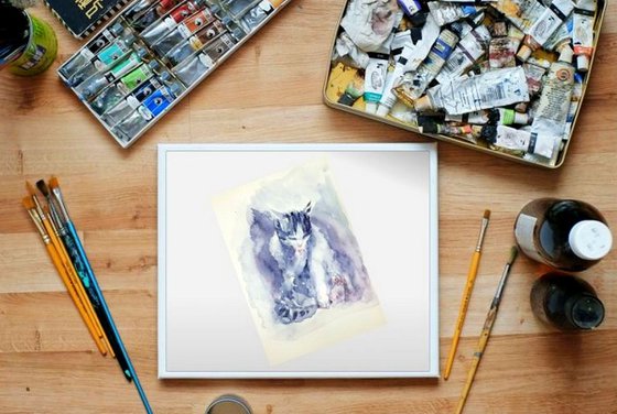 Cat Grooming itself-watercolors on paper 5.8"x 8.25"