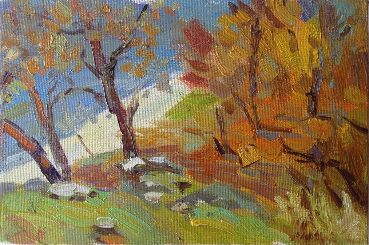 Early autumn river beach landscape fall impressionistic modern original oil painting by Nataliia Nosyk