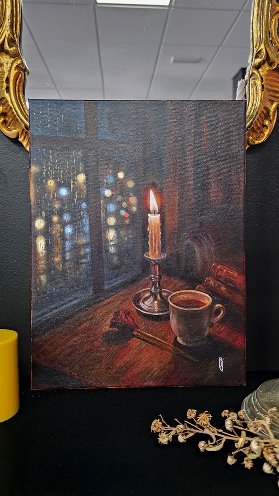 Candle and Still Life on a Rainy Night