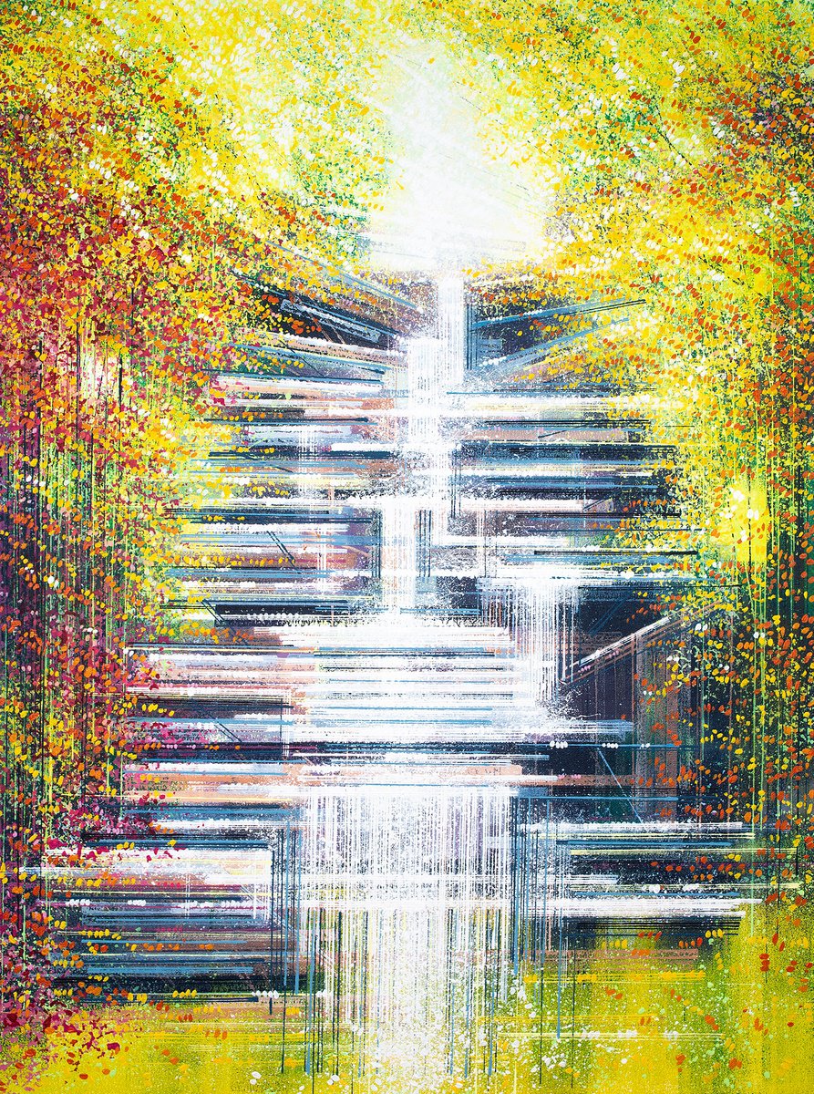 Impressionistic Landscape Acrylic Painting By Marc Todd, 24 X 31", Japanese Garden With Waterfall, Original Artwork