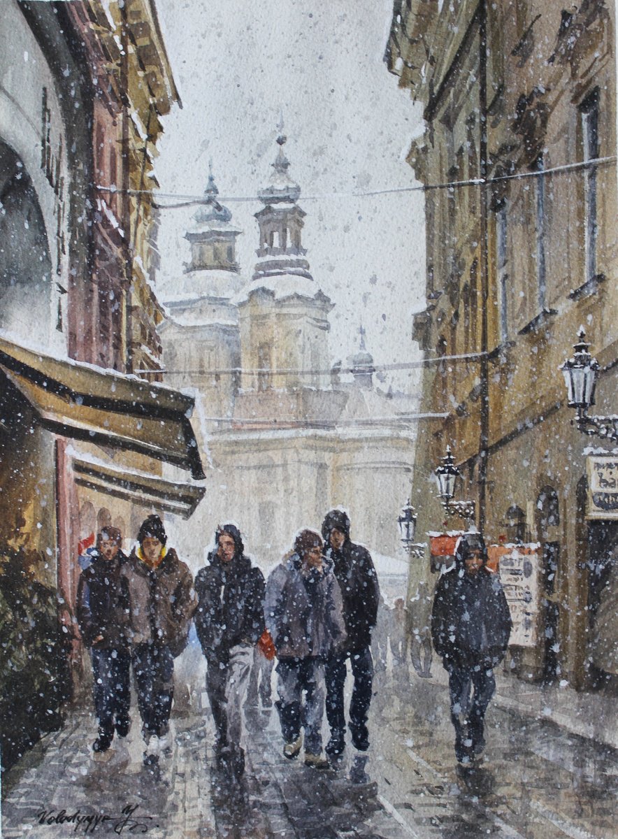 Photorealistic Cityscapes Watercolour By Volodymyr Melnychuk, 11 X 15", Snow In Prague, Original Artwork
