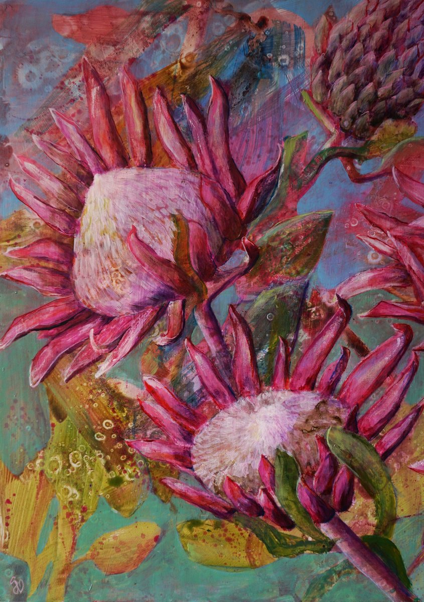 Organic Botanical Acrylic Painting By Dora Stork, 20 X 28, Protea Symphony I., Original Artwork