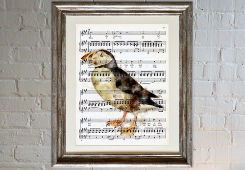 The Puffin - Digital Art on the Original Vintage Music Sheet Page by Misty Lady - M. Nierobisz