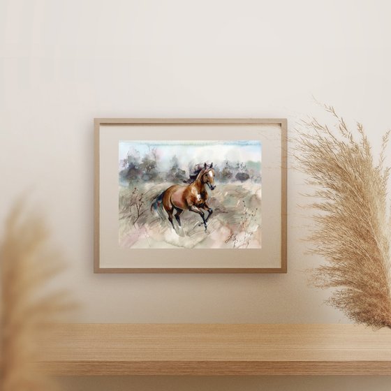 Running bay horse