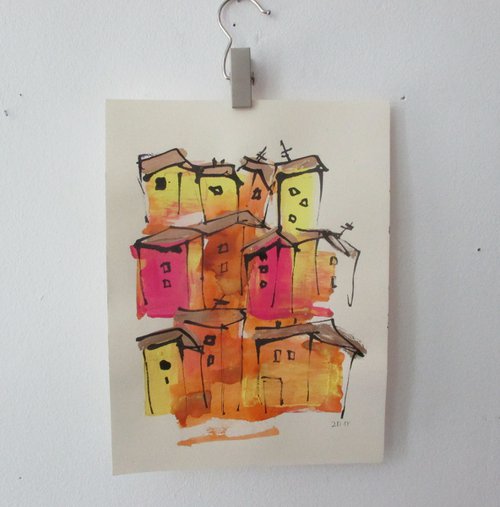 sunny little city - drawing on paper 12,6x9,5 inch by Sonja Zeltner-Müller