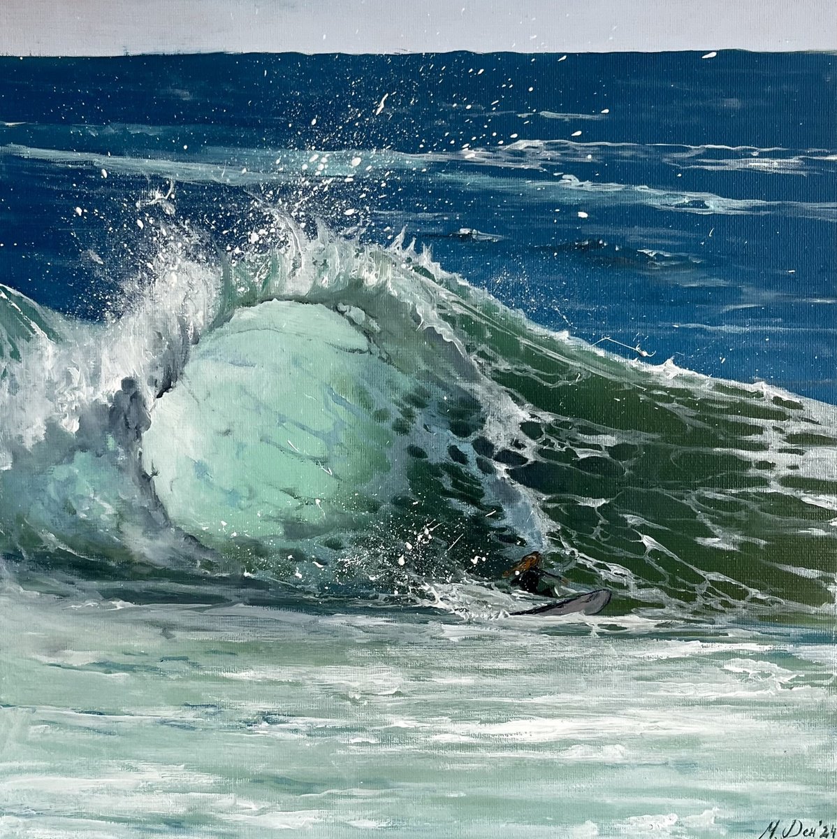 Photorealistic Landscape Oil Painting By Myroslava Denysyuk, 10 X 10", Surf Day 25X25Cm, Original Artwork