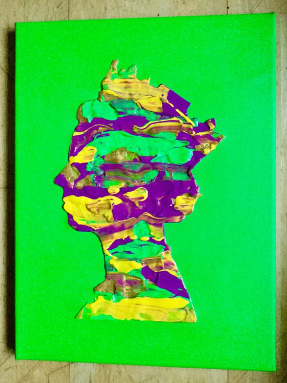 Bright Green yellow gold metallic purple pink Queen #31 Abstract   portrait  of Queen Elizabeth II on green  background