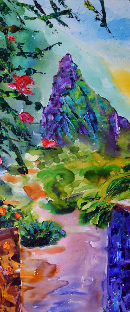 Island landscape big mixed media painting on canvas Mountains village Masca on Canary Islands by Kate Grishakova