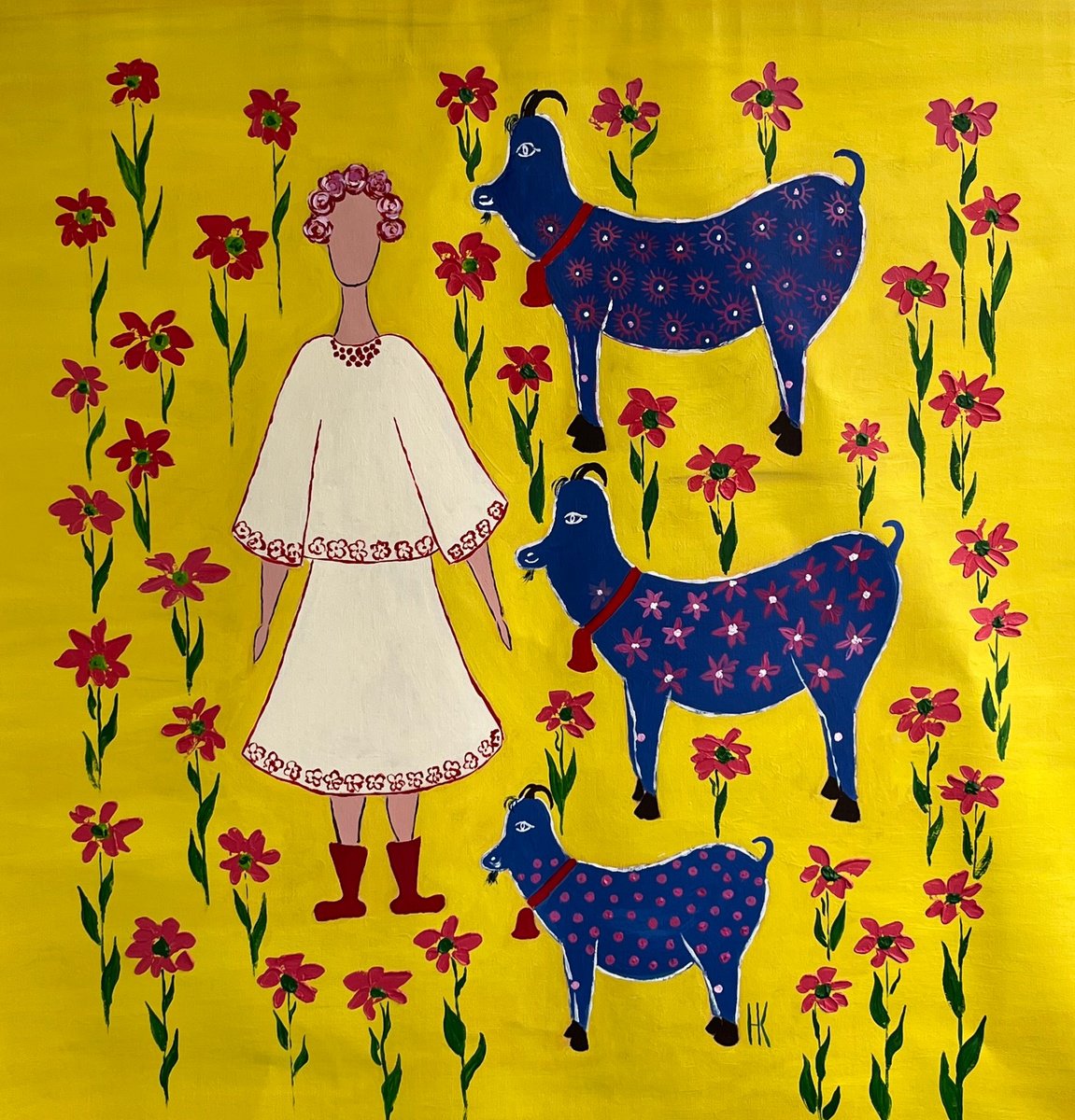 Abstract Portrait Acrylic Painting By Halyna Kirichenko, 35 X 35, The Keeper Of The Path, Original Artwork