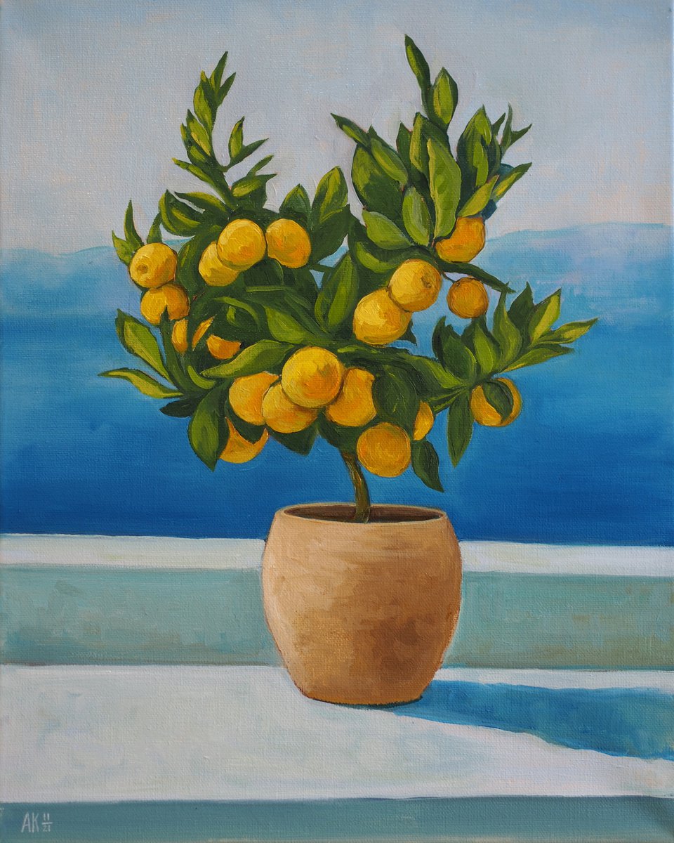 Impressionistic Landscape Oil Painting By Alfia Koral, 16 X 20, Citrus Tree By The Sea, Original Artwork