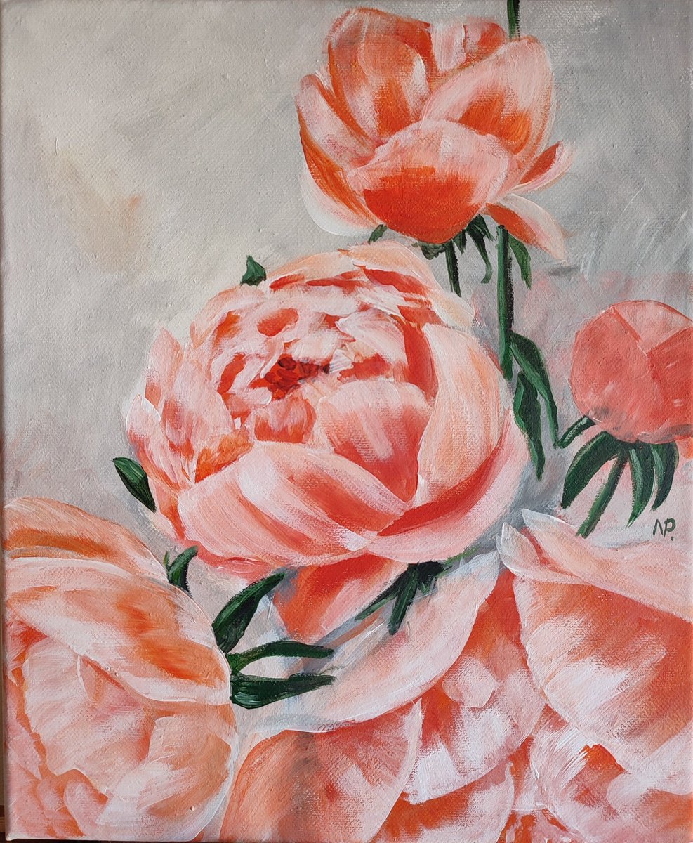 Peonies flowers, original floral acrylic painting, gift idea by Nataliia Plakhotnyk