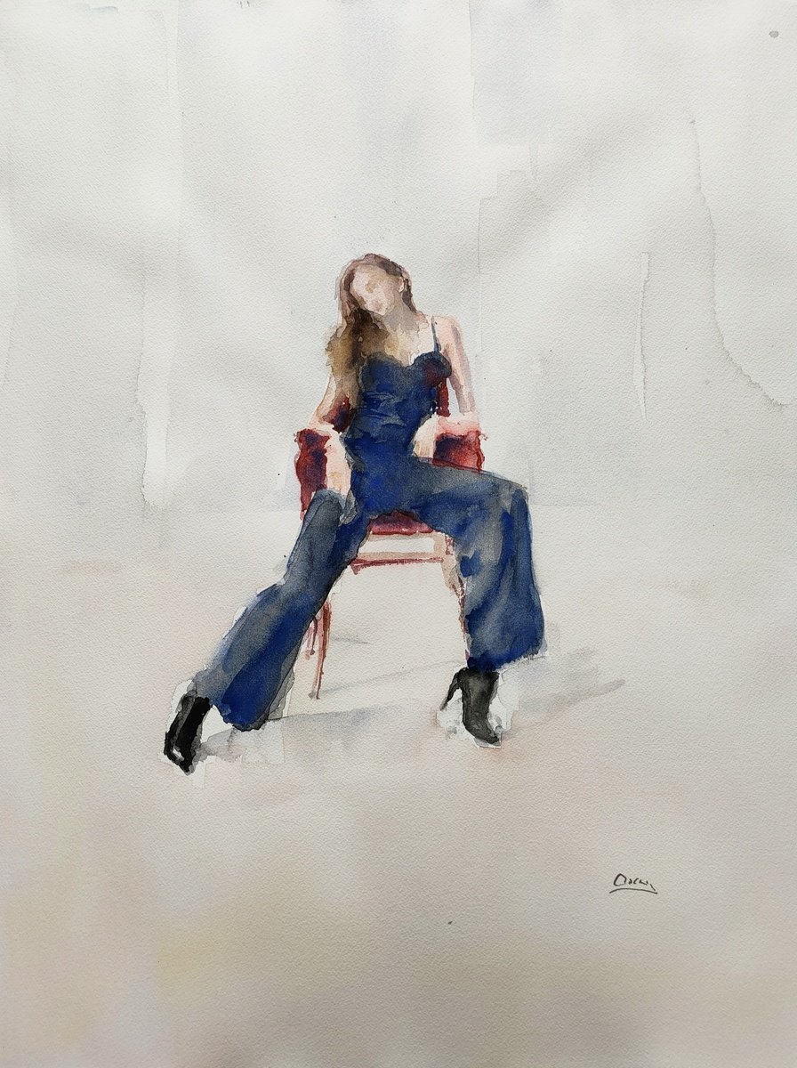 Impressionistic Portrait Watercolour By Oscar Alvarez Pardo, 18 X 24", W-N8, Original Artwork