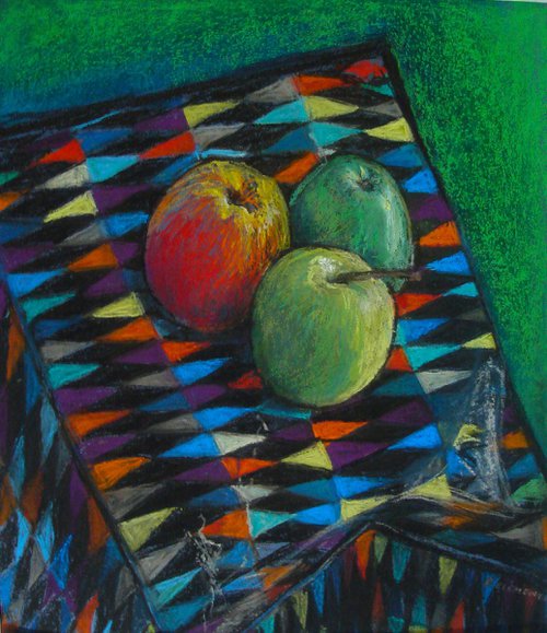 Still life three apples on a Harlequin background by Patricia Clements