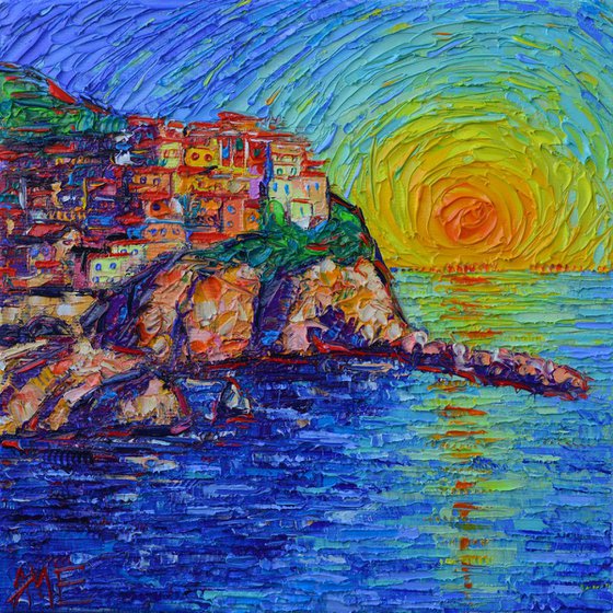 MANAROLA SUNSET COLORS CINQUE TERRE ITALY modern impressionism impasto textural palette knife oil painting abstract stylized cityscape by Ana Maria Edulescu abstract cities