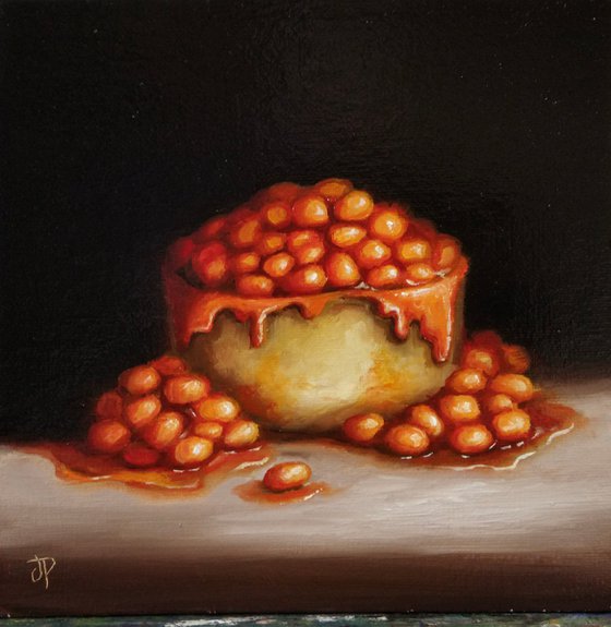 Scotch pie with beans on top still life