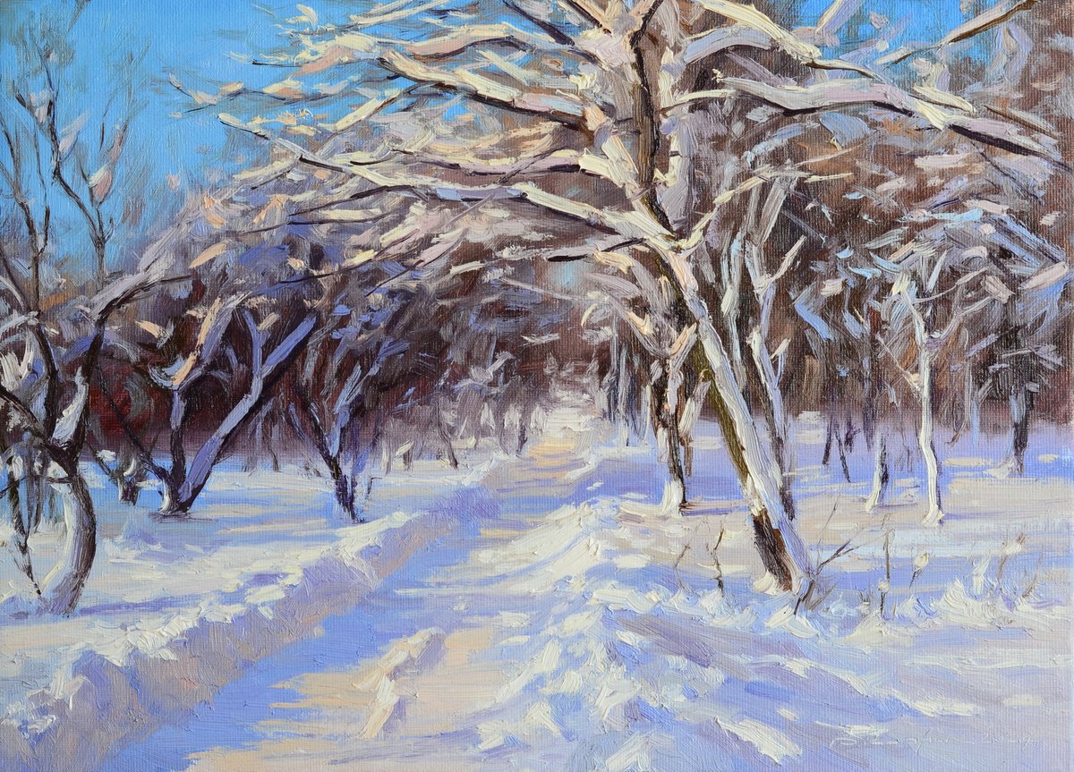 Impressionistic Landscape Oil Painting By Ruslan Kiprych, 14 X 10", Winter Alley, Original Artwork