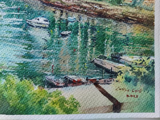 The idyllic Rabac watercolor painting (2023), European Istria Coastal port artwork