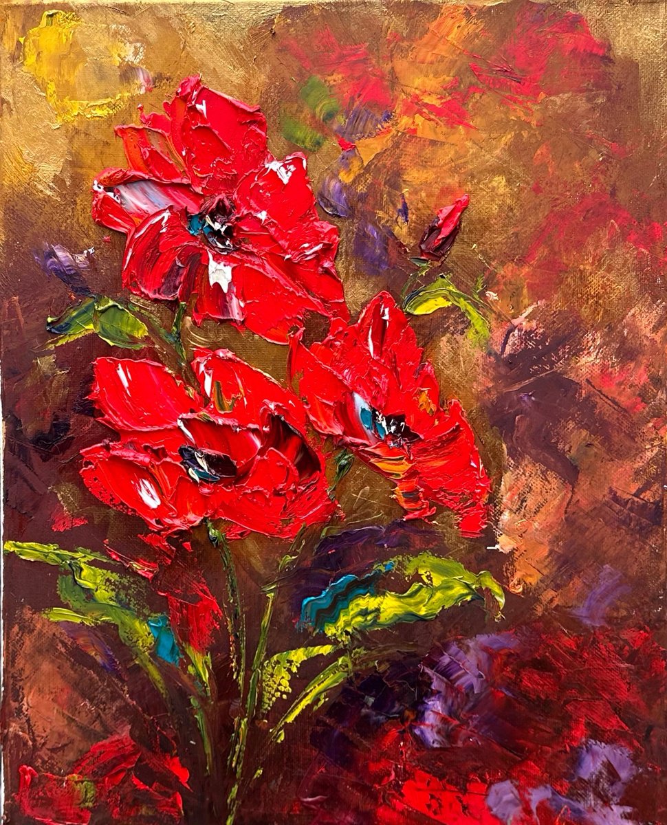 Impressionistic Botanical Oil Painting By Oksana Fedorova, 12 X 16", Red Poppies Dark Background, Original Artwork