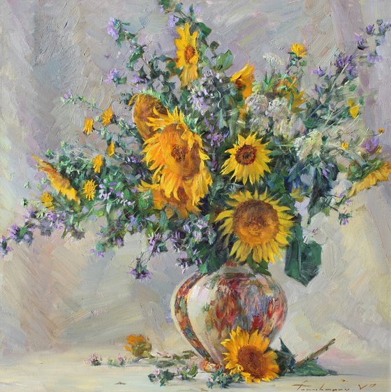Sunflowers in an antique vase