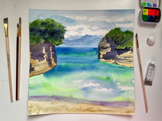 Beach Wall Art, Ocean Painting, Sea Original Watercolor Painting, Greece Landscape Art