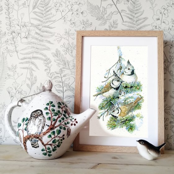 Original watercolor "Crested Tits"