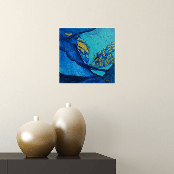 Small Blue and Gold Abstract Landscape Painting #2. 25x25cm. Small Abstract Seascape
