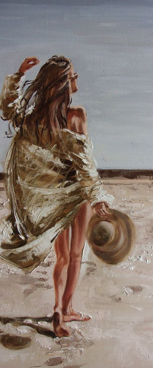 MONIKA LUNIAK " HELLO SUN :) "- SKY SEA SAND liGHt  ORIGINAL OIL PAINTING, GIFT, PALETTE KNIFE by Monika Luniak