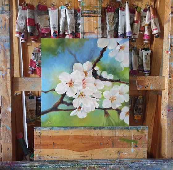 "Apple blossom." apple tree flower spring  liGHt original painting PALETTE KNIFE  GIFT (2020)