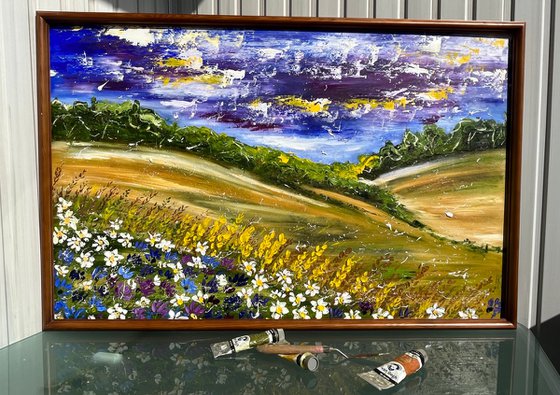 Ukraine Painting Impasto Original Art Wheat Field Artwork Daisy Oil Cornflowers Impasto Wall Art 32 by 21 by Halyna KIrichenko