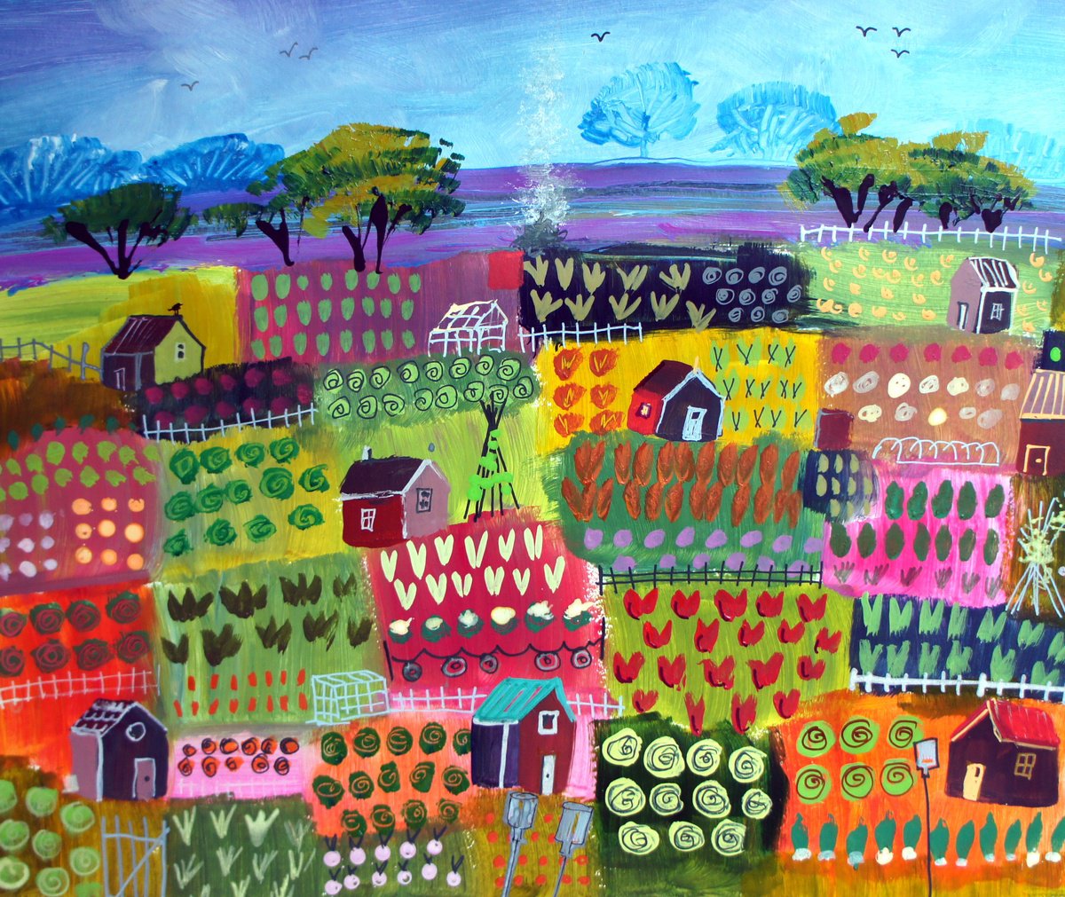 Naive Landscape Acrylic Painting By Julia Rigby, 17 X 14", Allotment, Original Artwork