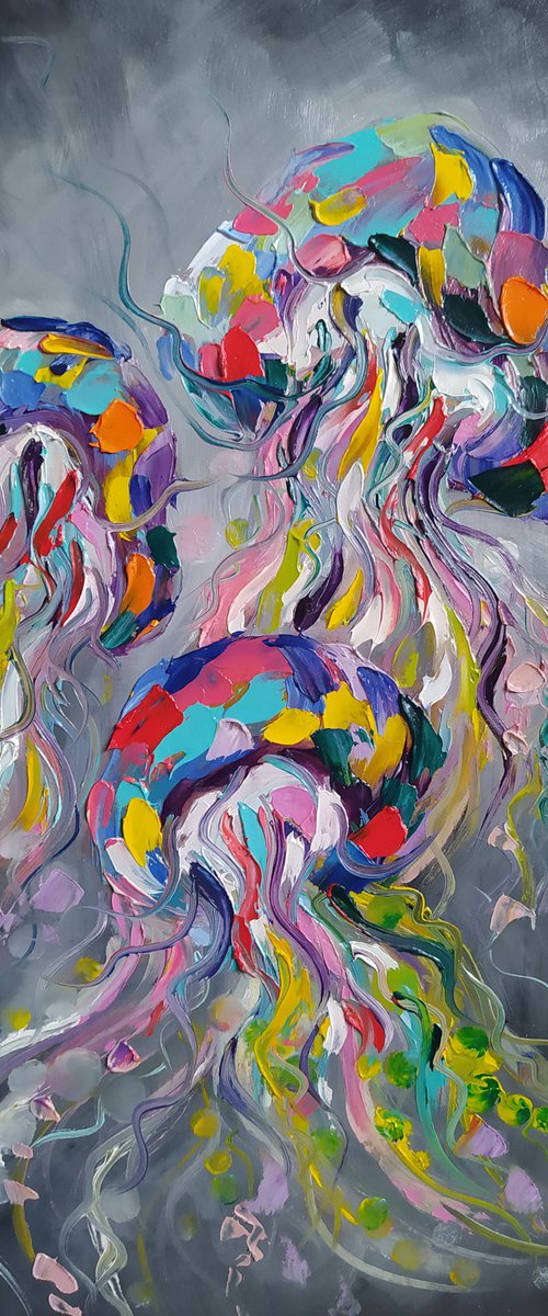 Deep in the ocean - oil painting, jellyfish, jellyfish oil painting, ocean, sea, animals by Anastasia Kozorez
