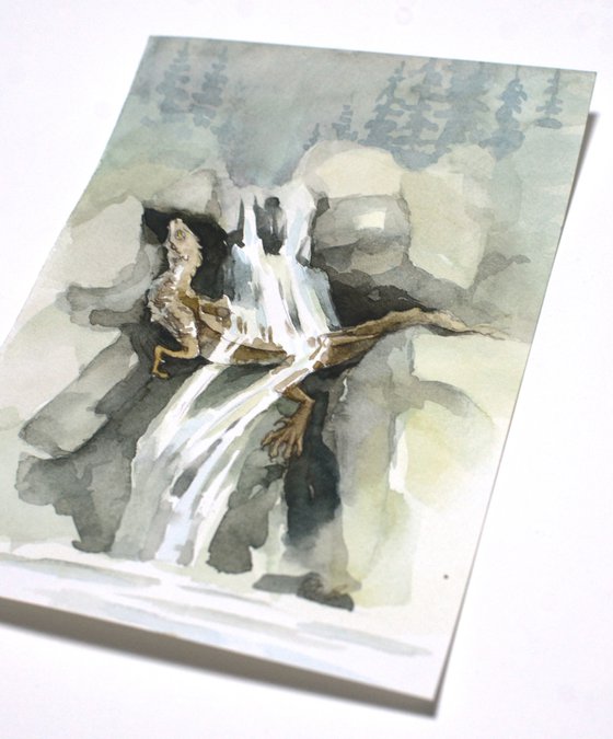 Fantasy Waterfall dragon Watercolor sketch Nature guardian