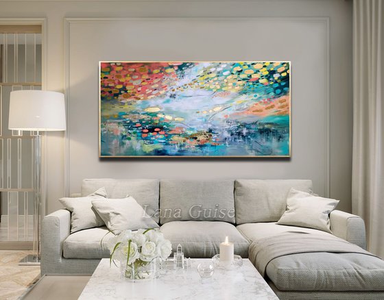 Emerald Wave - Abstract Painting 60" x 30" Large Abstract Gold Leaf Soft Colors White Gray Painting