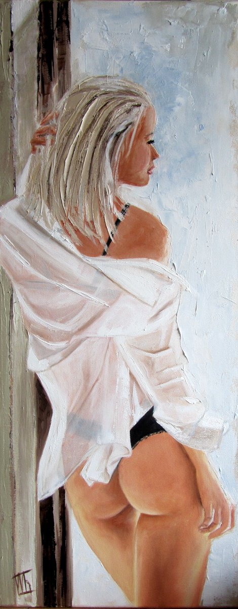 Impressionistic Portrait Oil Painting By Ira Whittaker, 12 X 30, Waiting, Original Artwork