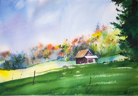 Farmhouse in Zug. Switzerland nature landscape watercolor mood interior green sun shadow light