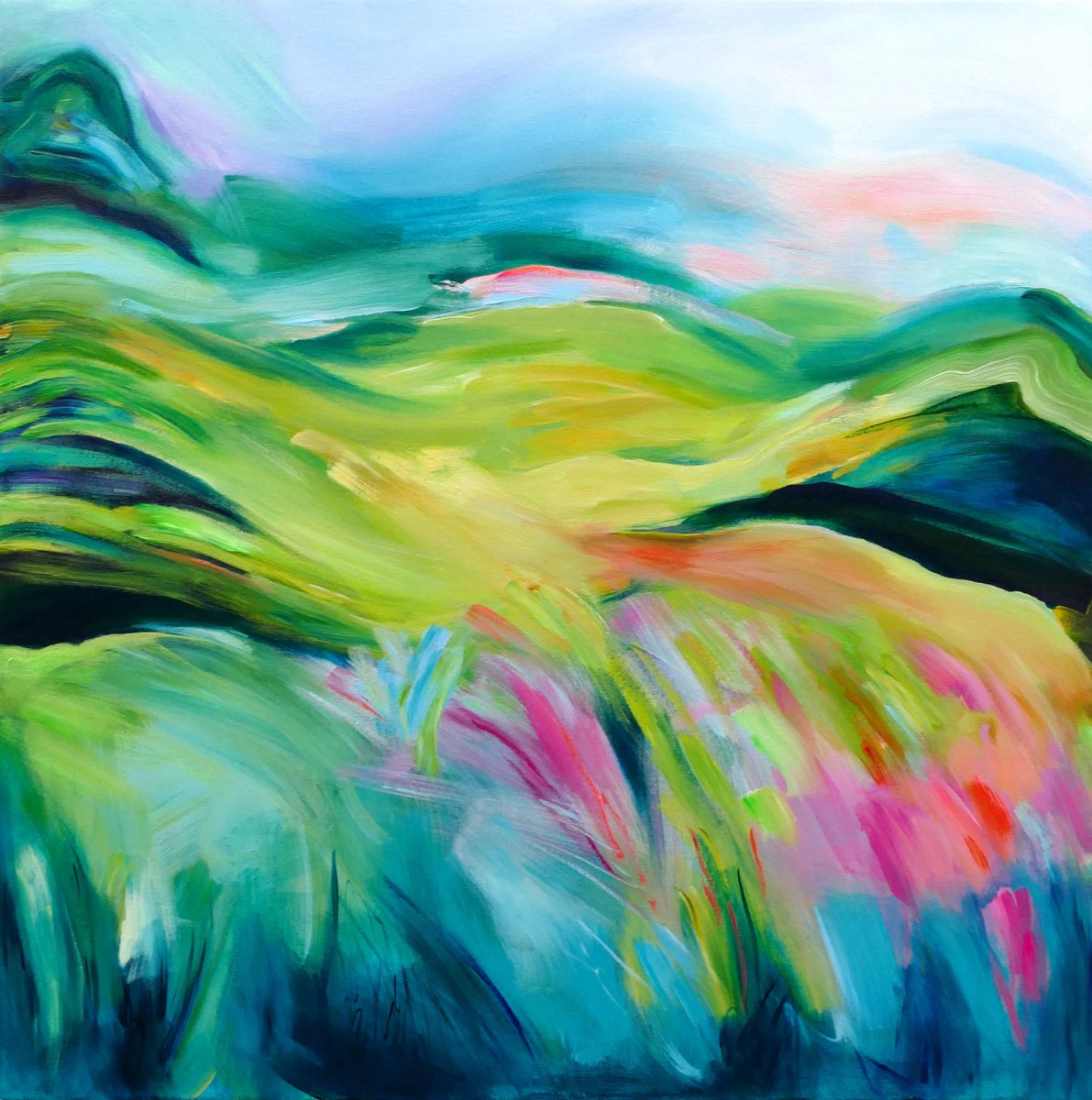 Expressive Landscape Acrylic Painting By Alanna Eakin, 28 X 28, Bright Summer, Majestic Wounds, Original Artwork
