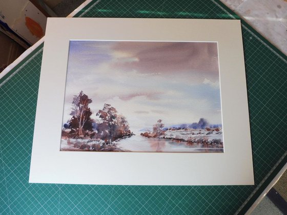 LATE SNOW, River Severn, Worcestershire. 2017. Original watercolour landscape painting.