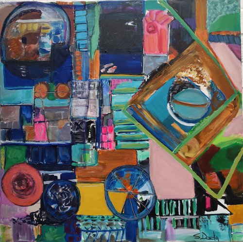 Abstract Acrylic Blue with some cubism inspiration 100x100 by Sylvie Dodin