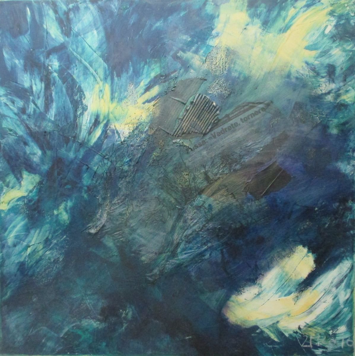ocean blue abstract - informel collage painting xl 39x39 inch by Sonja Zeltner-Muller